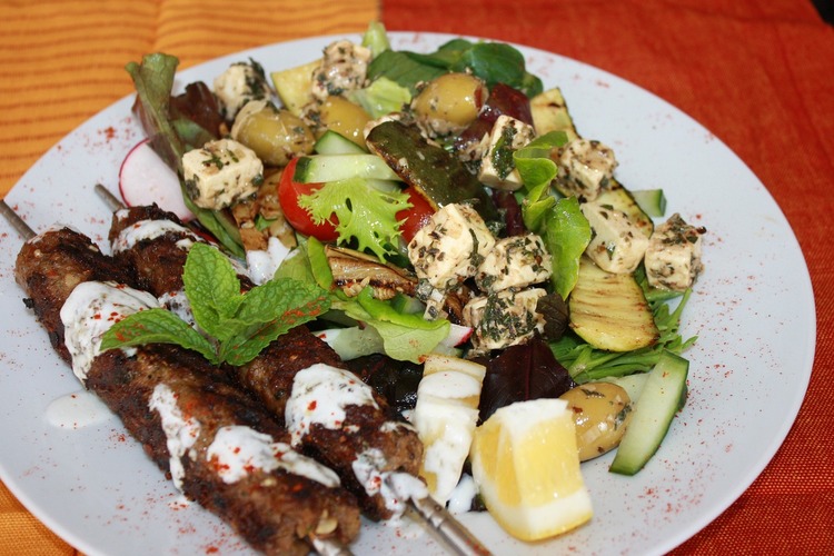 Kabob Recipe - Mediterranean Beef Kabobs with Greek Feta Salad and Tzatziki
